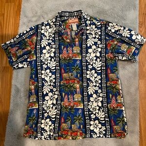 VTG RJC Hawaiian Shirt Men's Button Up Short Sleeve Floral Woody Car Surf Blue